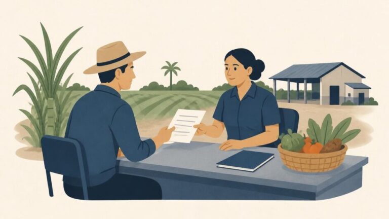 Persona entrega una solicitud a un funcionario en una oficina agrícola, con cultivos y una instalación rural al fondo.