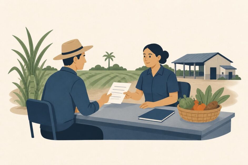 Persona entrega una solicitud a un funcionario en una oficina agrícola, con cultivos y una instalación rural al fondo.