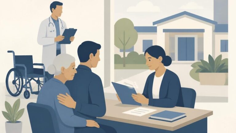 Trabajadora social conversa con una persona mayor y su familiar mientras revisa documentos para el ingreso asistencial.