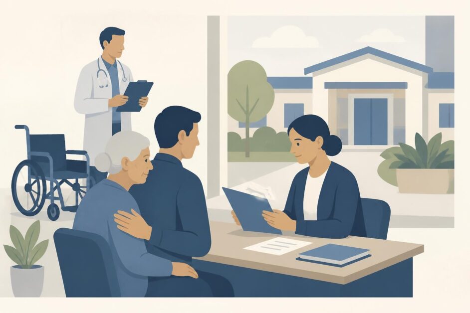 Trabajadora social conversa con una persona mayor y su familiar mientras revisa documentos para el ingreso asistencial.