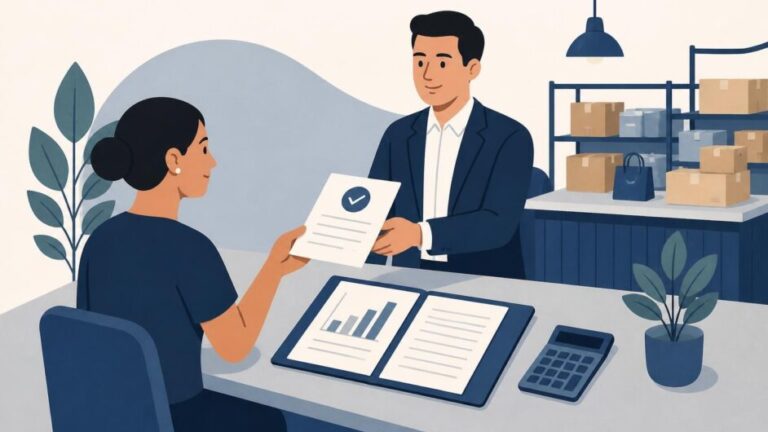Emprendedora revisa documentos de crédito con un representante financiero junto a mercancías mayoristas.