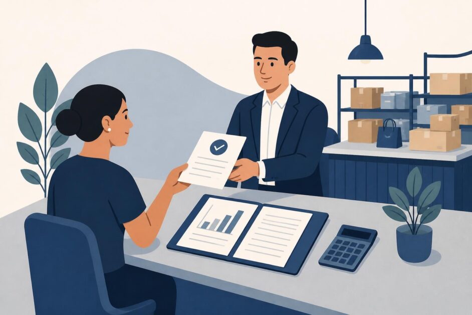 Emprendedora revisa documentos de crédito con un representante financiero junto a mercancías mayoristas.
