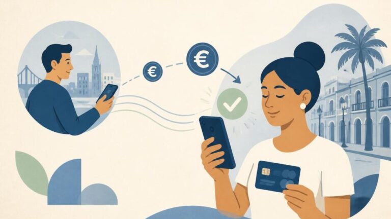 Persona en Cuba recibe una transferencia digital en su teléfono junto a una tarjeta bancaria.