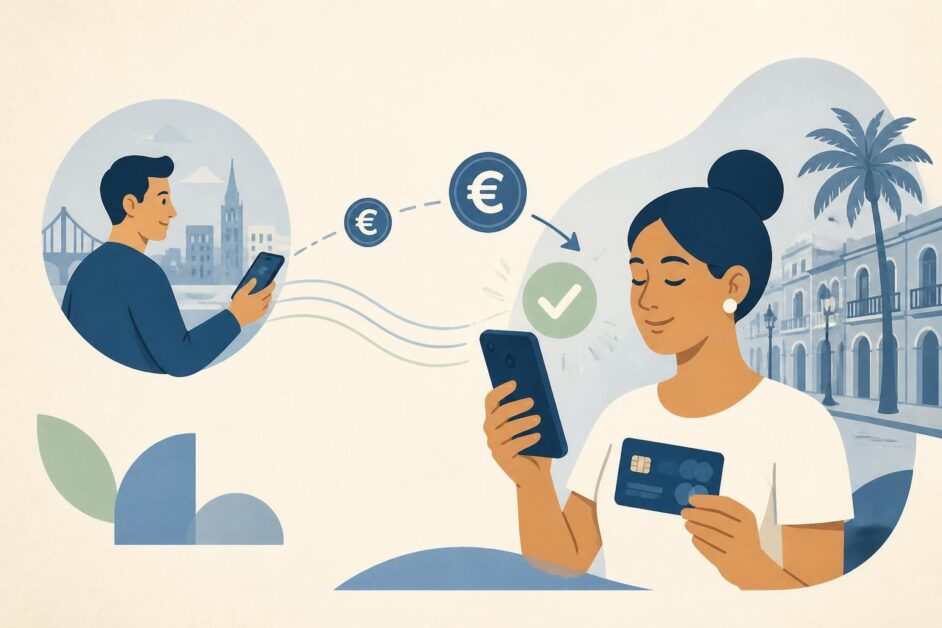 Persona en Cuba recibe una transferencia digital en su teléfono junto a una tarjeta bancaria.