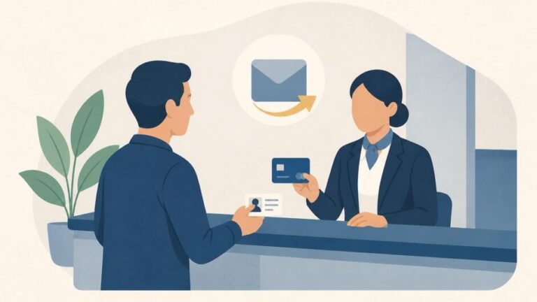 Persona solicita una tarjeta de débito en el mostrador de una oficina financiera.
