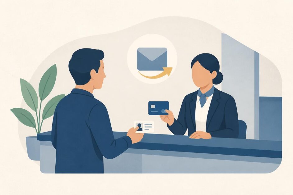 Persona solicita una tarjeta de débito en el mostrador de una oficina financiera.