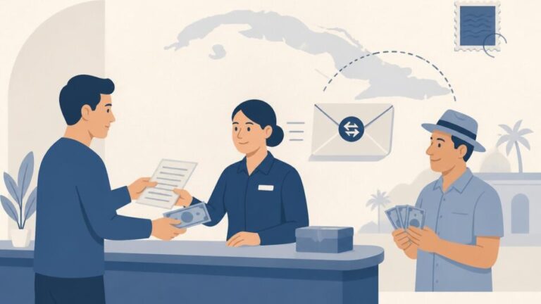 Escena ilustrada de una persona enviando dinero en una oficina postal para un destinatario en Cuba.