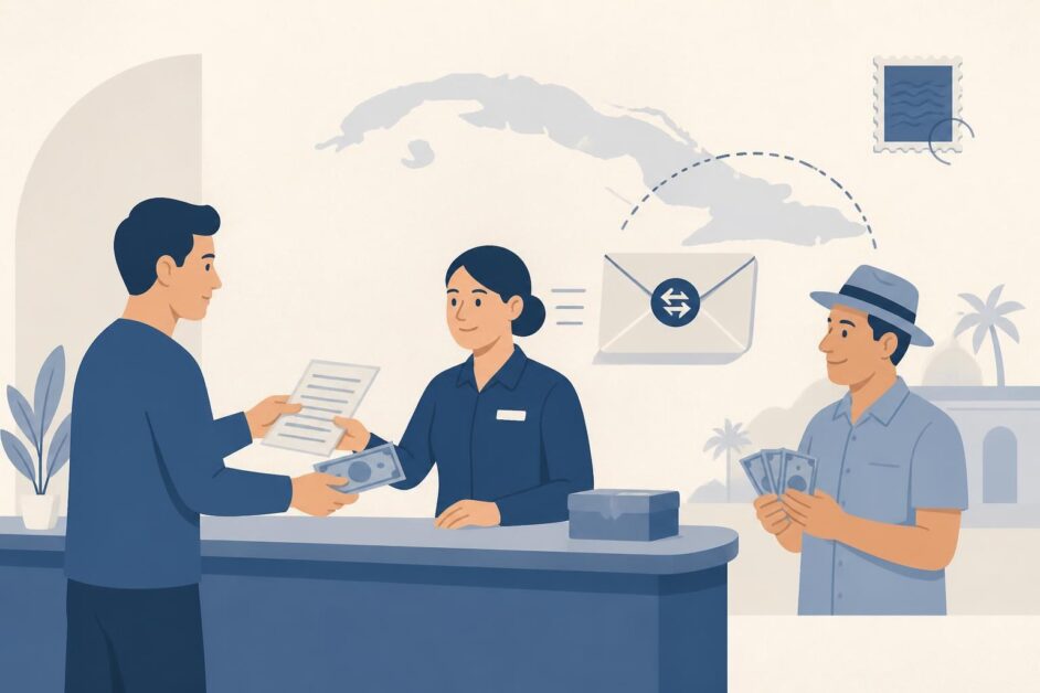 Escena ilustrada de una persona enviando dinero en una oficina postal para un destinatario en Cuba.