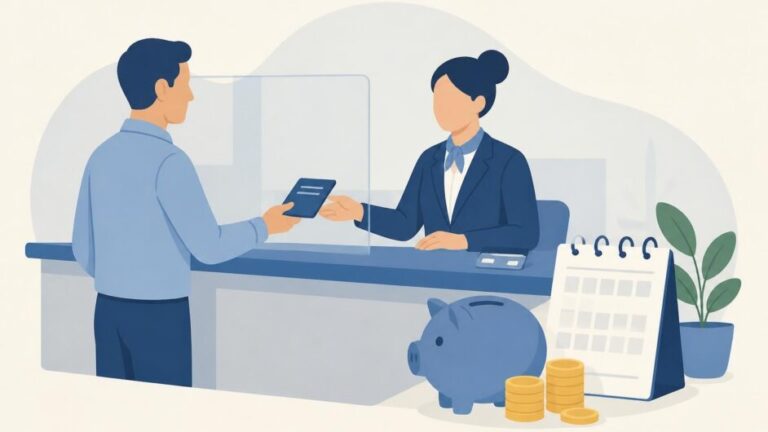 Cliente realiza un depósito de ahorro en una sucursal bancaria junto a un calendario y una tarjeta magnética.