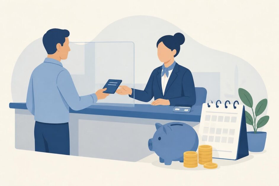 Cliente realiza un depósito de ahorro en una sucursal bancaria junto a un calendario y una tarjeta magnética.
