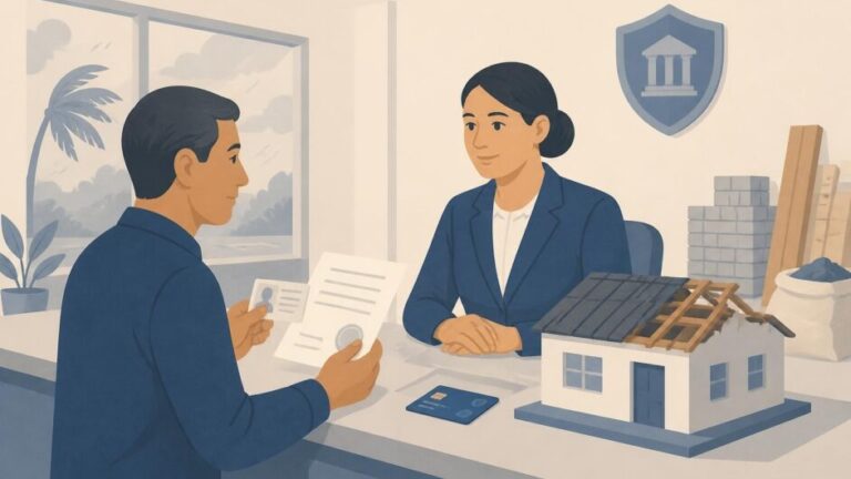 Persona presenta documentos y una tarjeta bancaria en una sucursal para financiar la reparación de su vivienda afectada.