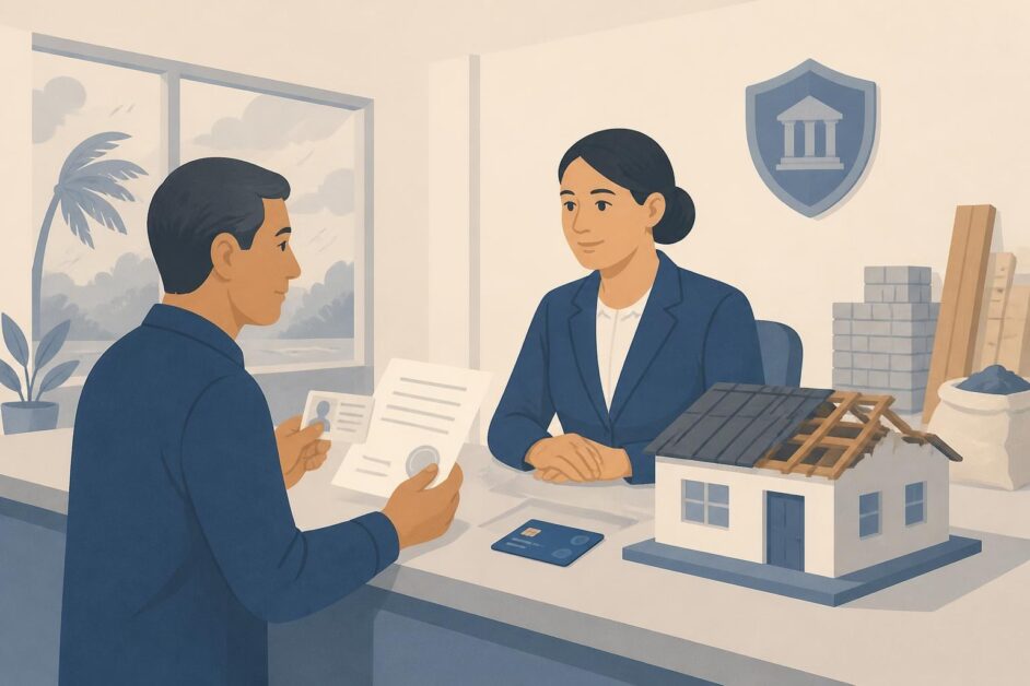 Persona presenta documentos y una tarjeta bancaria en una sucursal para financiar la reparación de su vivienda afectada.