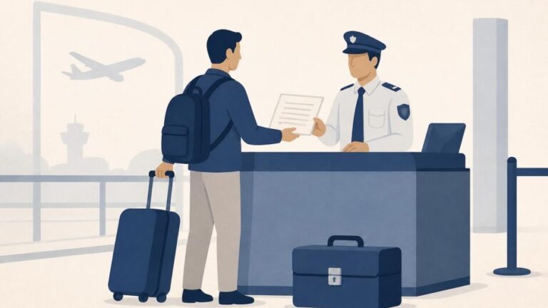Viajero entrega un documento a un funcionario de aduana junto a su equipaje en una terminal aérea.