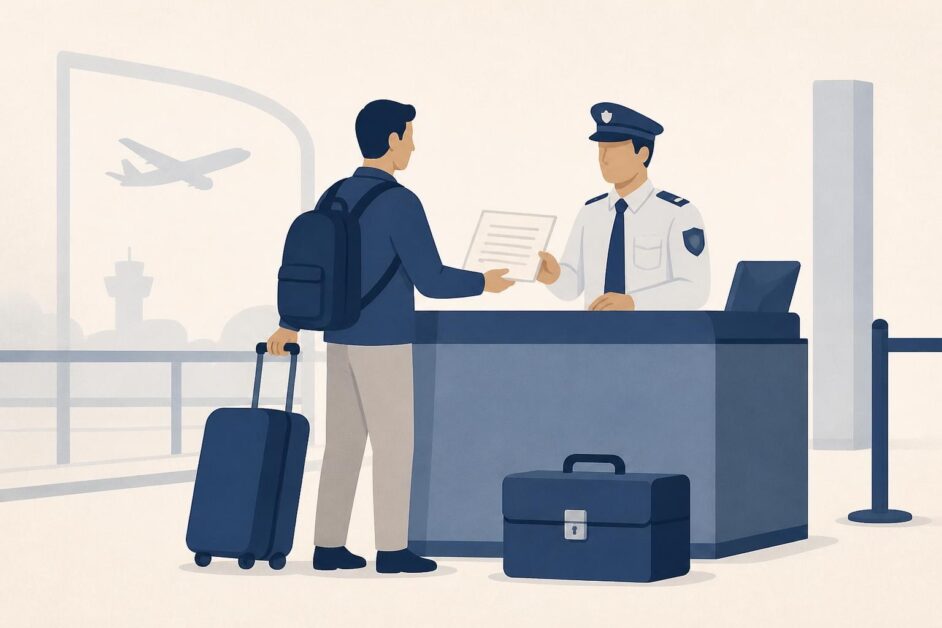 Viajero entrega un documento a un funcionario de aduana junto a su equipaje en una terminal aérea.