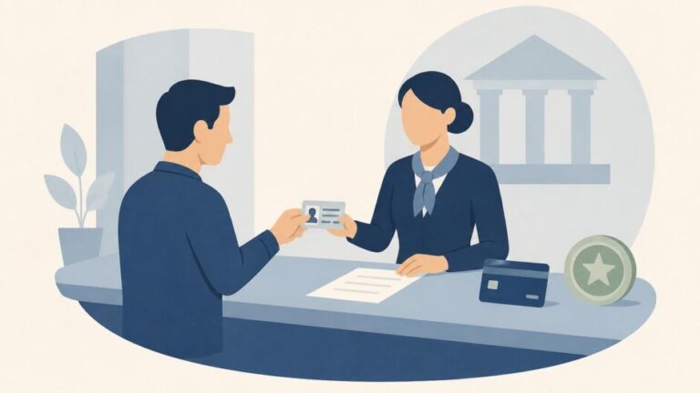 Persona presenta su identificación en un mostrador bancario para abrir una cuenta y recibir una tarjeta magnética.