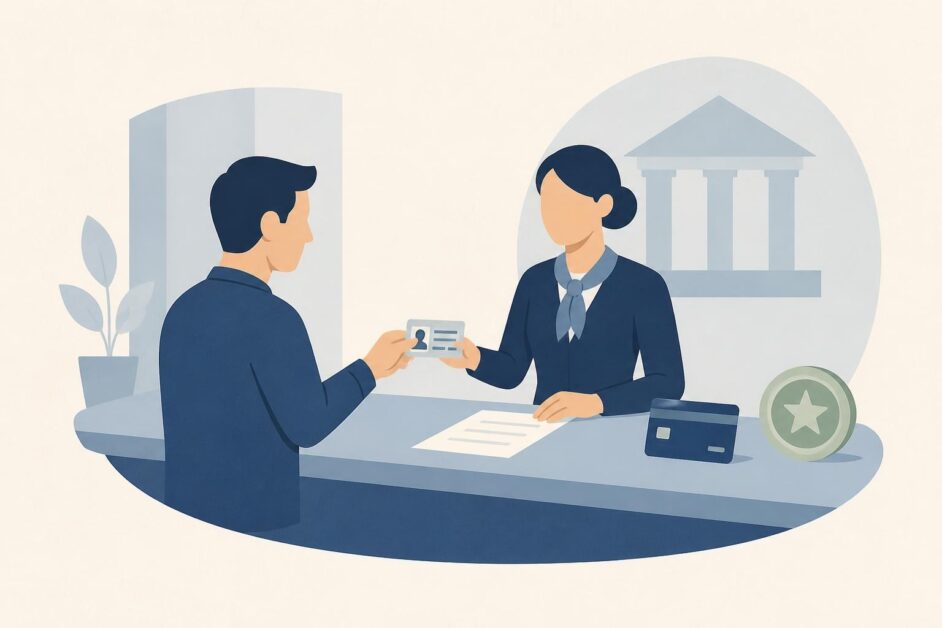 Persona presenta su identificación en un mostrador bancario para abrir una cuenta y recibir una tarjeta magnética.