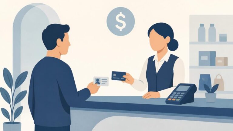 Persona compra una tarjeta prepago en un mostrador bancario con un terminal de pago.