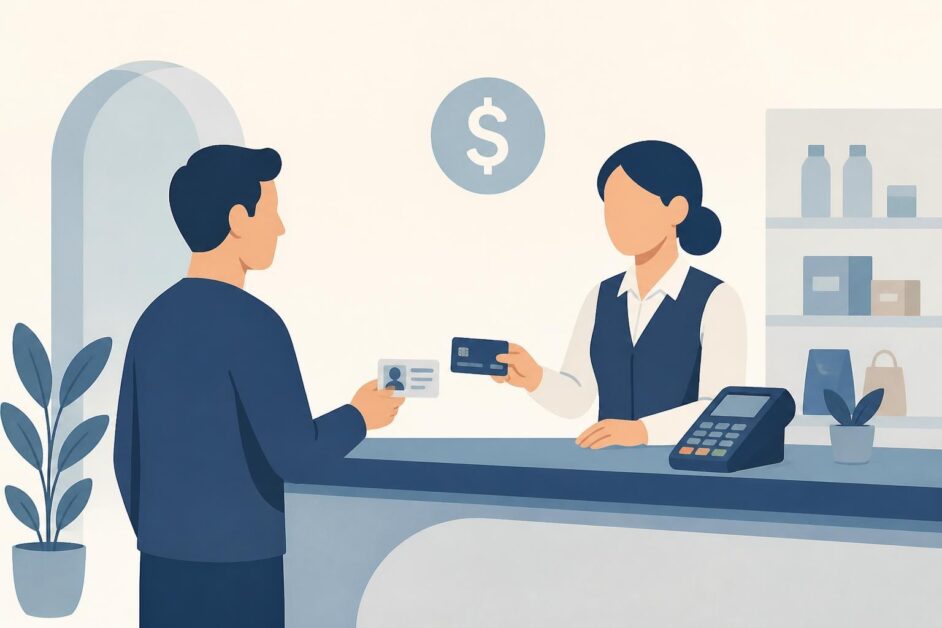 Persona compra una tarjeta prepago en un mostrador bancario con un terminal de pago.