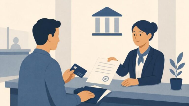 Persona recibe un certificado bancario en el mostrador de una sucursal.