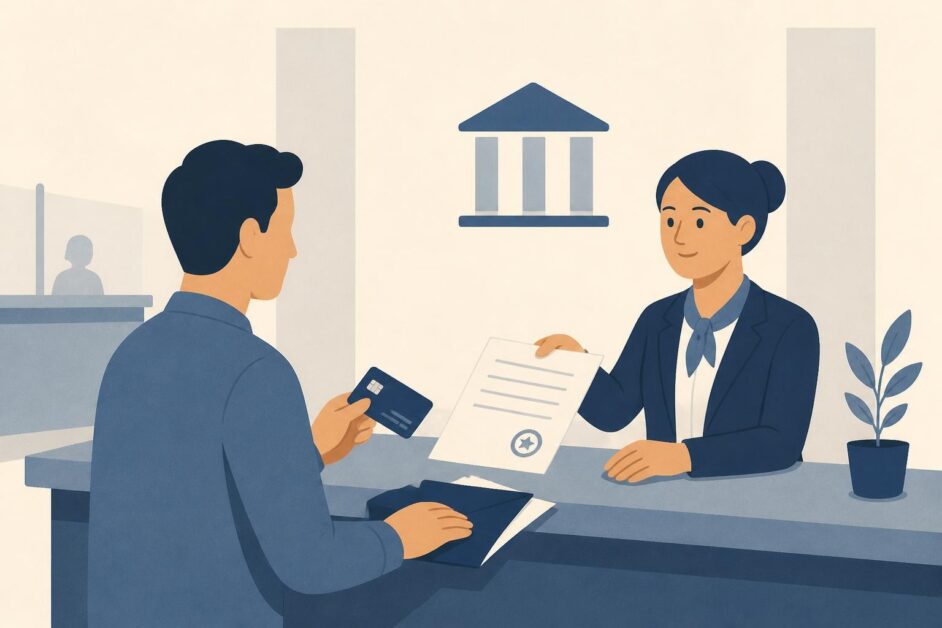 Persona recibe un certificado bancario en el mostrador de una sucursal.