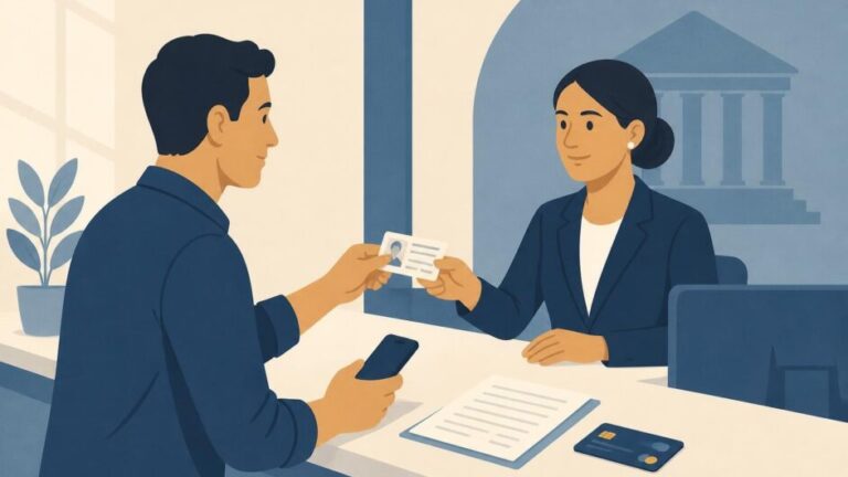 Trabajador por cuenta propia entrega documentos en un banco mientras sostiene un teléfono y una tarjeta bancaria.
