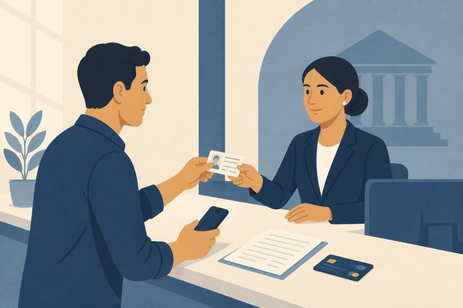 Trabajador por cuenta propia entrega documentos en un banco mientras sostiene un teléfono y una tarjeta bancaria.