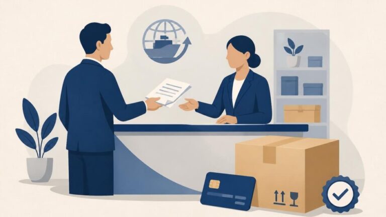 Persona entrega documentos en un mostrador junto a una caja de mercancía y una tarjeta bancaria.