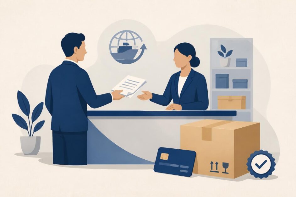 Persona entrega documentos en un mostrador junto a una caja de mercancía y una tarjeta bancaria.
