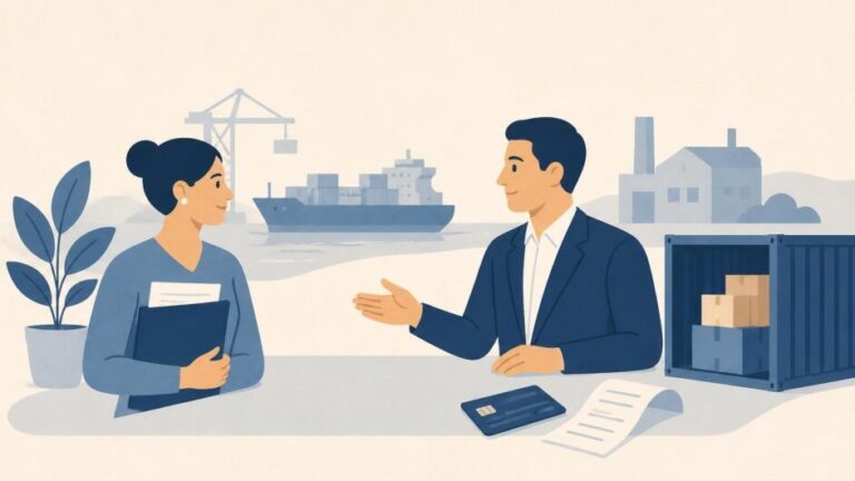 Emprendedora y representante comercial revisan documentos junto a un contenedor y una tarjeta bancaria.