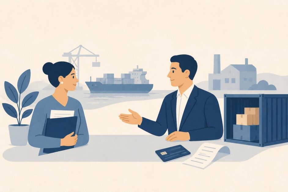 Emprendedora y representante comercial revisan documentos junto a un contenedor y una tarjeta bancaria.