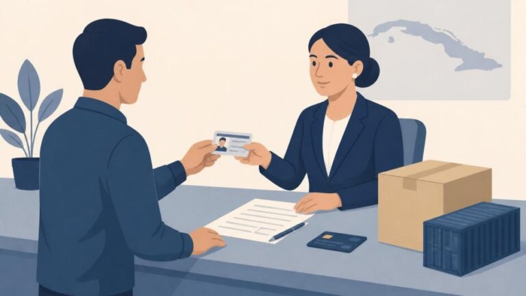 Persona entrega documentos en una oficina para solicitar la importación de una mercancía.