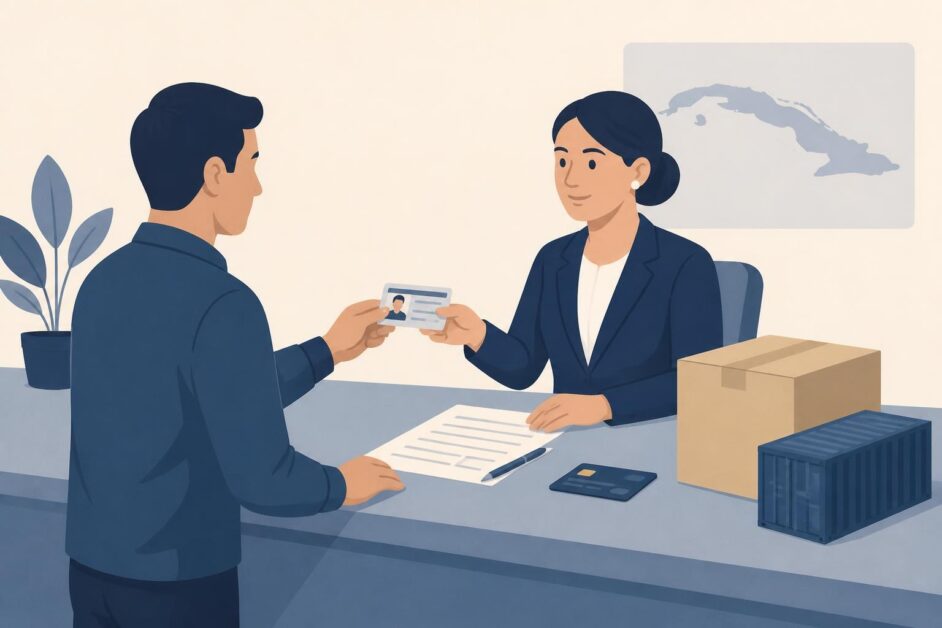 Persona entrega documentos en una oficina para solicitar la importación de una mercancía.