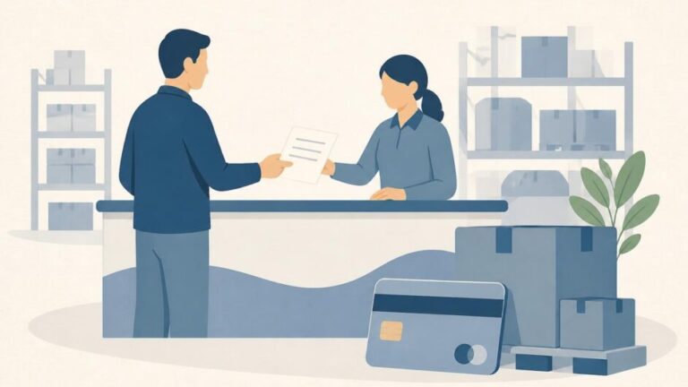 Persona presenta una planilla y una tarjeta bancaria en el mostrador de un mercado mayorista.