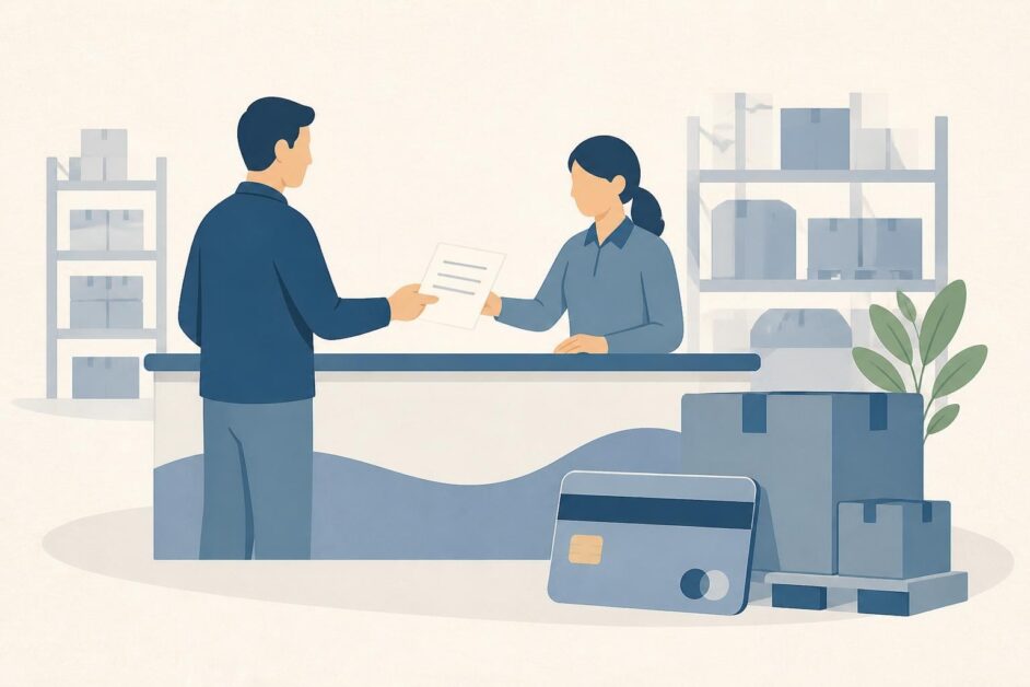 Persona presenta una planilla y una tarjeta bancaria en el mostrador de un mercado mayorista.