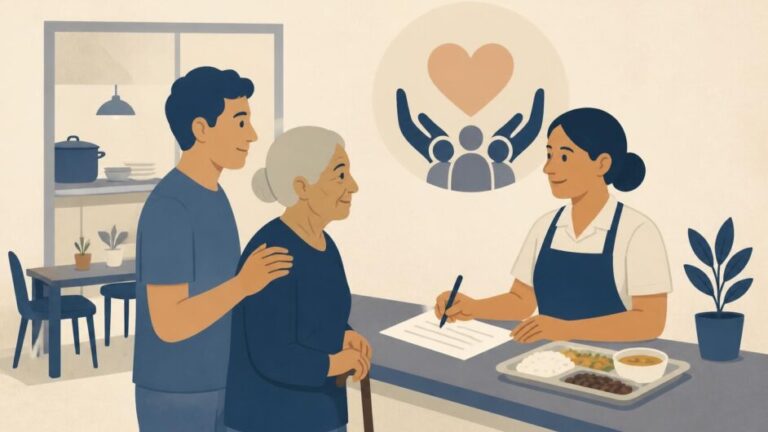 Persona adulta mayor y familiar conversan con una trabajadora social en un comedor comunitario.