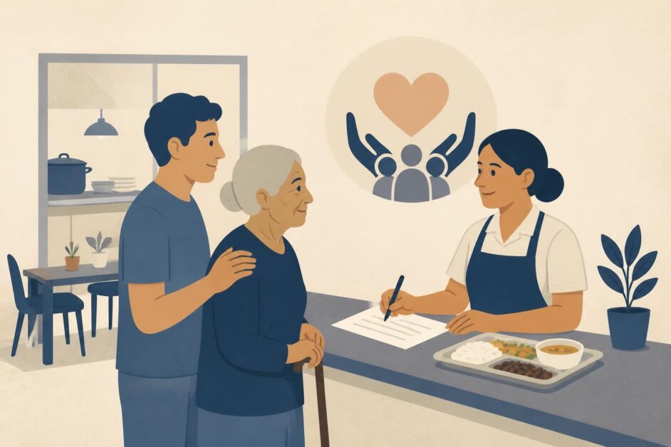 Persona adulta mayor y familiar conversan con una trabajadora social en un comedor comunitario.