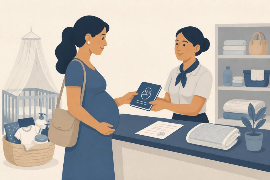 Gestante recibe una libreta en una oficina de atención al consumidor con una cuna y artículos para bebé al fondo.