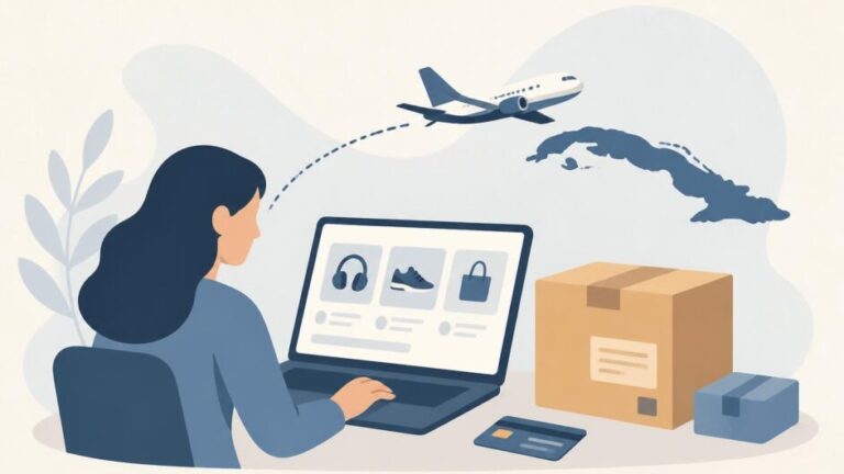 Persona usa una computadora para enviar una caja de compra internacional hacia Cuba.