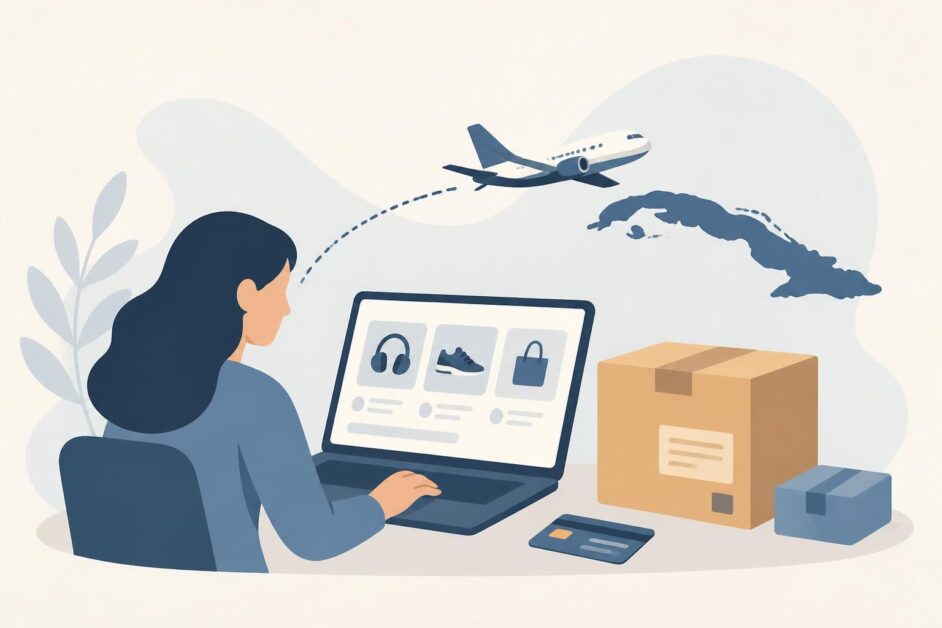 Persona usa una computadora para enviar una caja de compra internacional hacia Cuba.