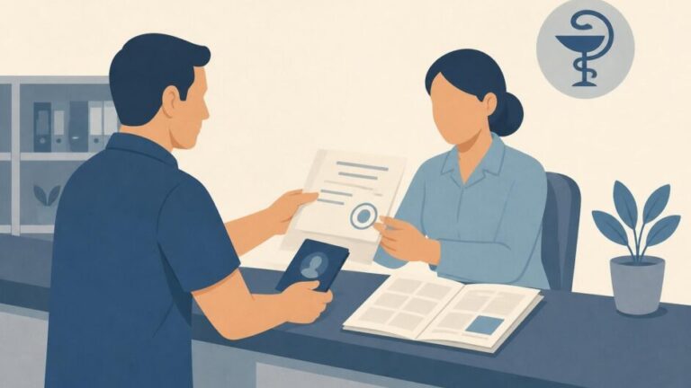 Persona entrega una libreta de alimentos y una declaración médica en una oficina de registro de consumidores.