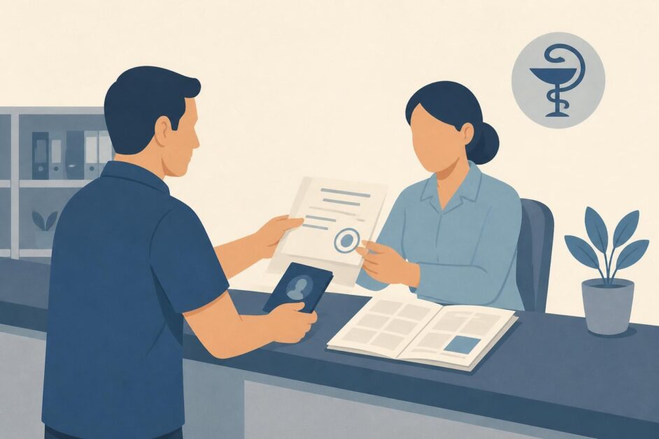 Persona entrega una libreta de alimentos y una declaración médica en una oficina de registro de consumidores.