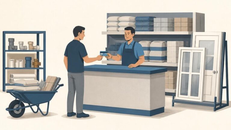 Persona paga con tarjeta en una tienda de materiales mientras selecciona artículos para reparar una vivienda.