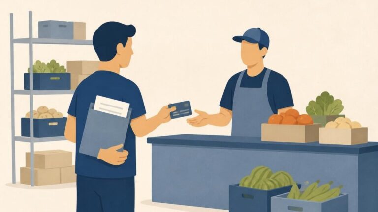 Emprendedor entrega documentos en un mercado mayorista junto a una tarjeta bancaria y cajas de alimentos.