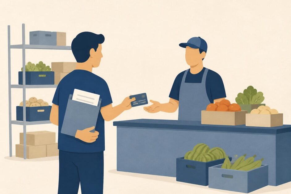 Emprendedor entrega documentos en un mercado mayorista junto a una tarjeta bancaria y cajas de alimentos.