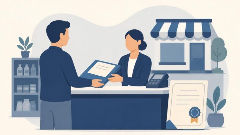 Persona presenta documentos para registrar un establecimiento comercial ante una funcionaria.