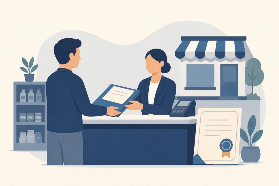 Persona presenta documentos para registrar un establecimiento comercial ante una funcionaria.