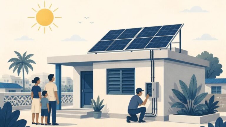 Técnico instala paneles solares en el techo de una vivienda mientras una familia observa.