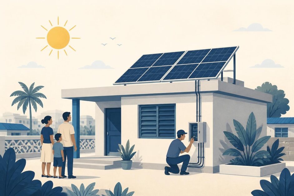 Técnico instala paneles solares en el techo de una vivienda mientras una familia observa.