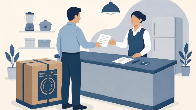Cliente entrega documentos a una dependienta junto a un electrodoméstico embalado en una tienda.