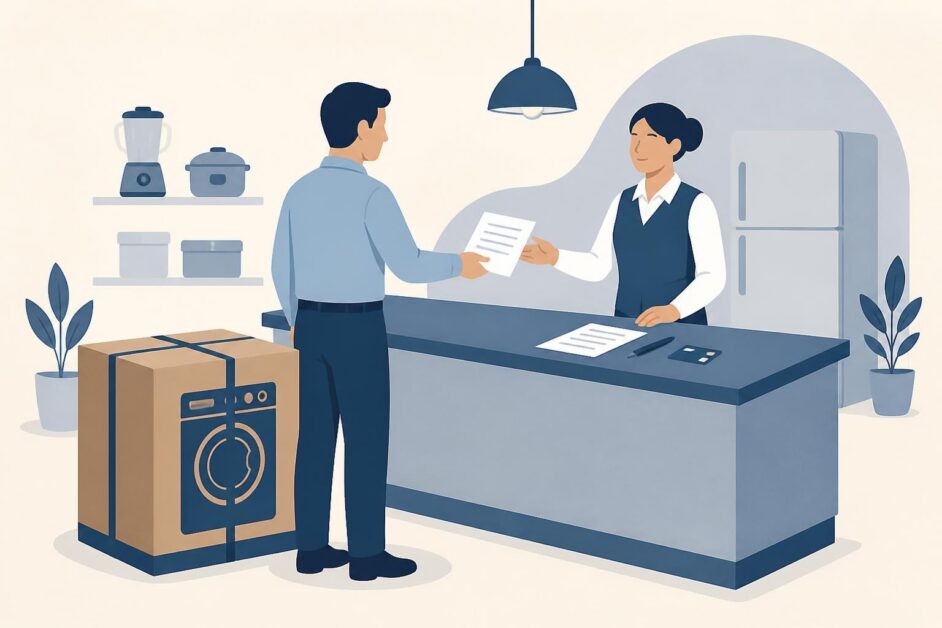 Cliente entrega documentos a una dependienta junto a un electrodoméstico embalado en una tienda.